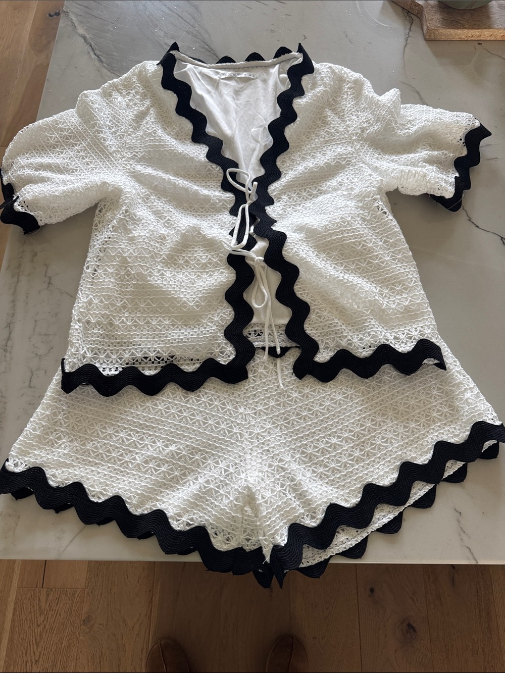 White Lace Short Set with Black Rickrack Trim